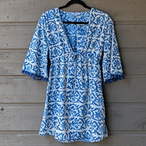 Blue Island Blue Floral Ikat Swim Coverup Dress Size XS 100% Cotton Beachy Boho - Picture 8 of 8